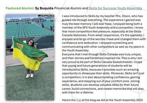 student is holding a Saskatchewan flag in a football stadium. Article is on the right.