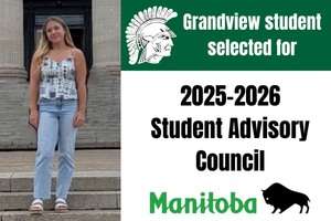Grandview student standing on the steps of Manitoba Legislative building