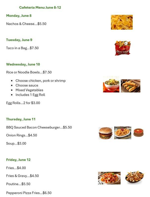 Menu items and dates listed down the left side. Stock photos of food items are located to the right.