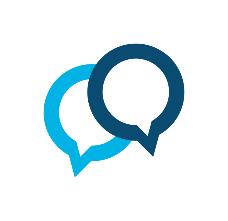 Two overlapping conversation bubbles as the logo.