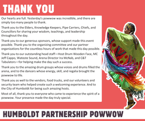 Thank-you graphic for the Humboldt Partnership Powwow featuring a dancer in colourful regalia and a message expressing gratitude to everyone who helped make the event possible.