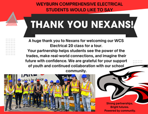 White background with red across the top and bottom.Bottom has a grou picture of staff and students in their safety gear. Yellow vests and blue hard hats.There is an eagle logo on the bottom right side. A black thank you banner is near the top. Information is posted below it.