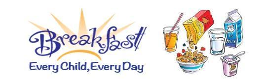 Illustration of the words 'Breakfast: Every Child, Every Day' with a rising sun in the background, accompanied by images of breakfast items including a glass of orange juice, a bowl of cereal, a carton of milk, a glass of water, and a cup of yogurt.