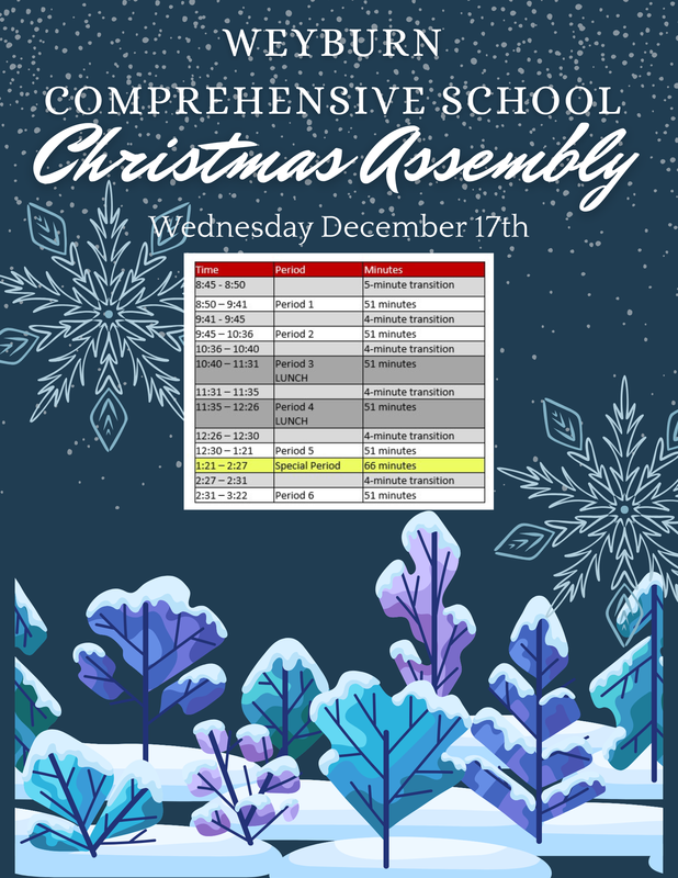Winter night background with snow falling and two large snowflakes. The schedule is in the middle of the page. The bottom has snow covered trees in teals and purples.