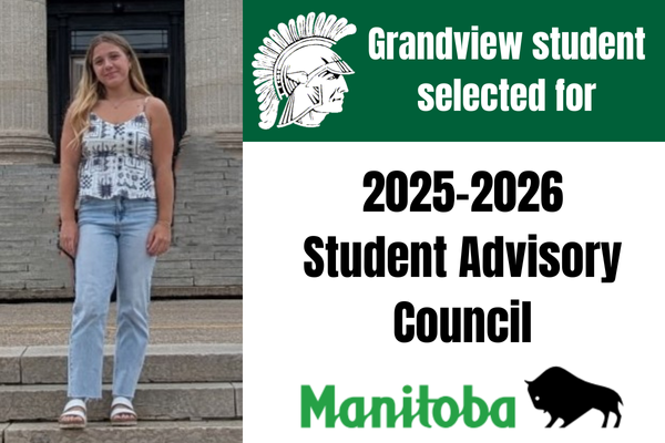 Grandview student standing on the steps of Manitoba Legislative building
