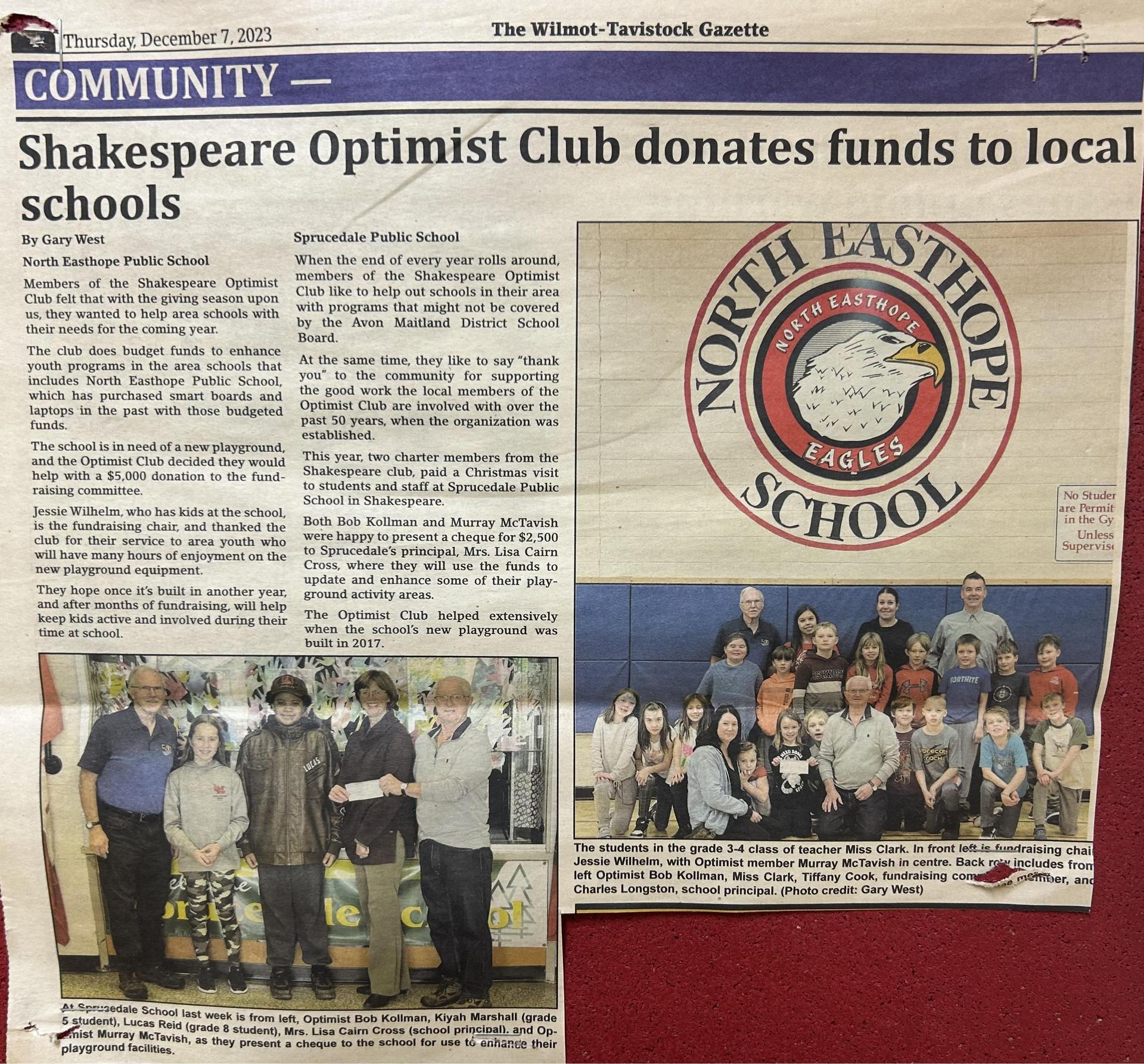 Newspaper article highlighting the Shakespeare Optimist Club donation to the playground fundraiser