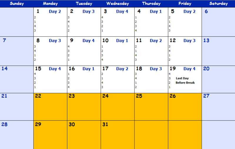 December Block Rotation Calendar
