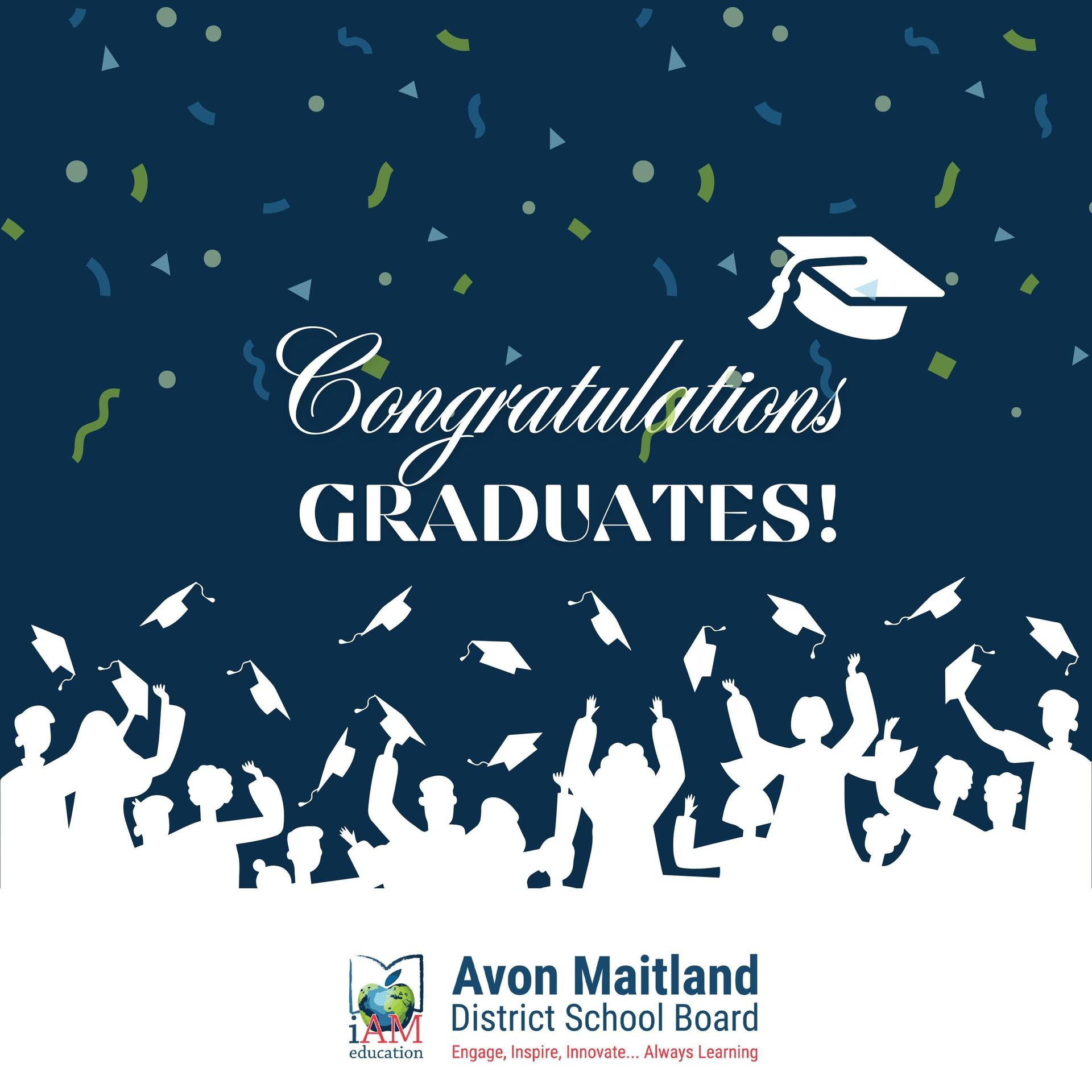 Blue background with white grad hats, Congratulations Graduates and AMDSB logo