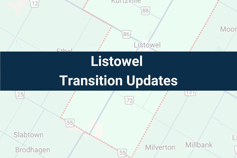 map of north perth with dark blue bar across the  middle with white text: Listowel Transition Updates