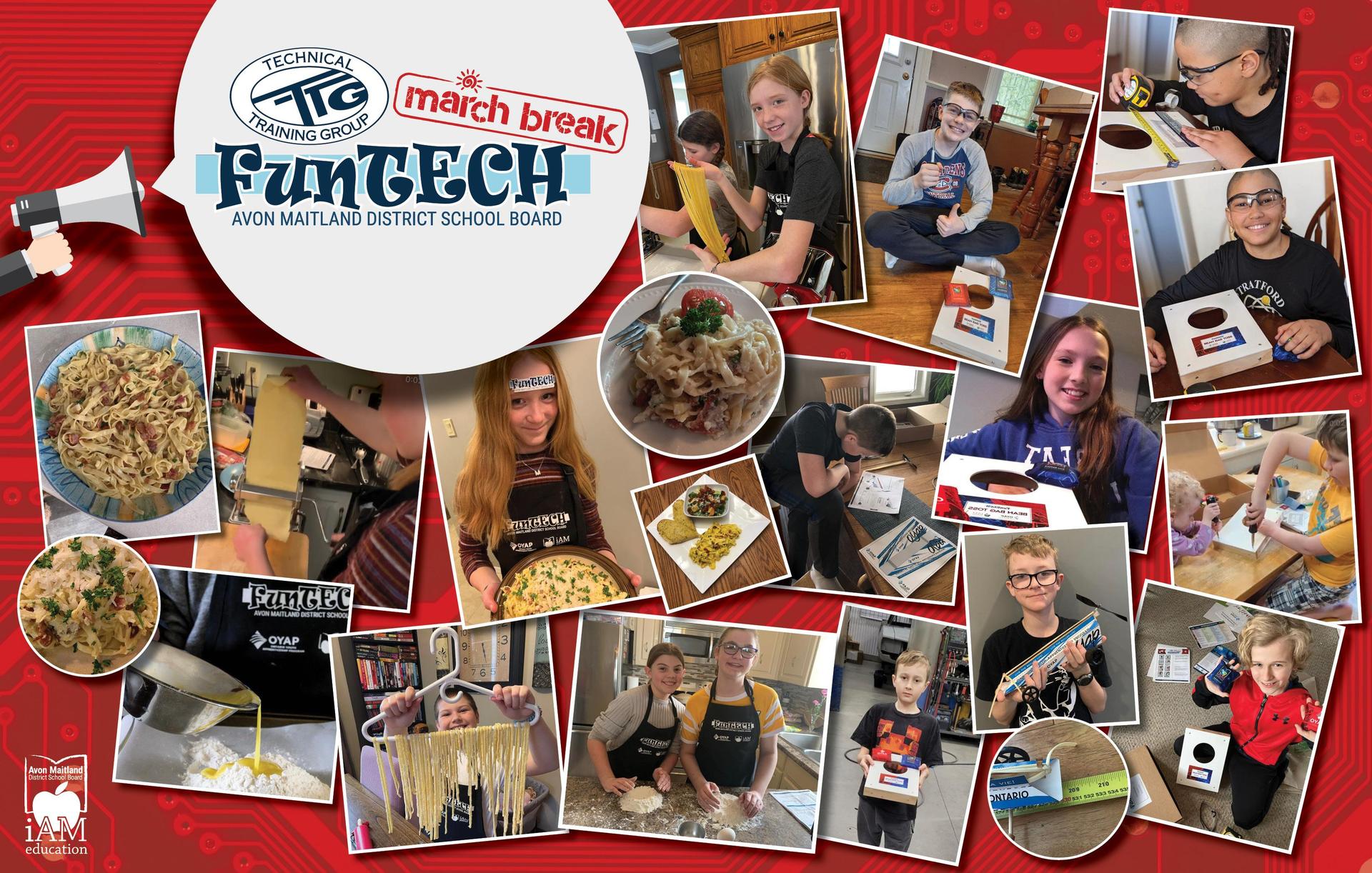 Collage of images of Grade 6 students with the FunTECH kits culinary, motive power, and construction kits they did over March Break