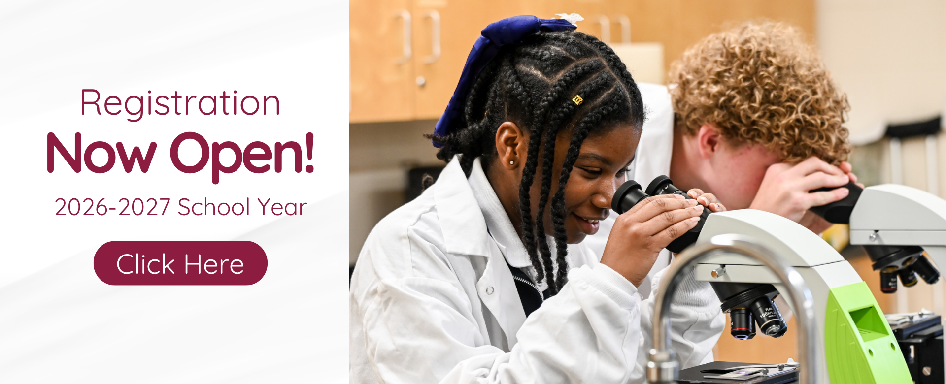 Graphic for registering for school. Registration is now open. Click the link to visit the webpage for more information.