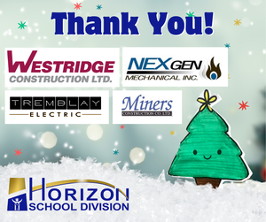A festive “Thank You!” graphic featuring supporter logos for Horizon School Division’s Christmas Hamper Project. Logos shown include Westridge Construction, NexGen Mechanical, Tremblay Electric, and Miners Construction.