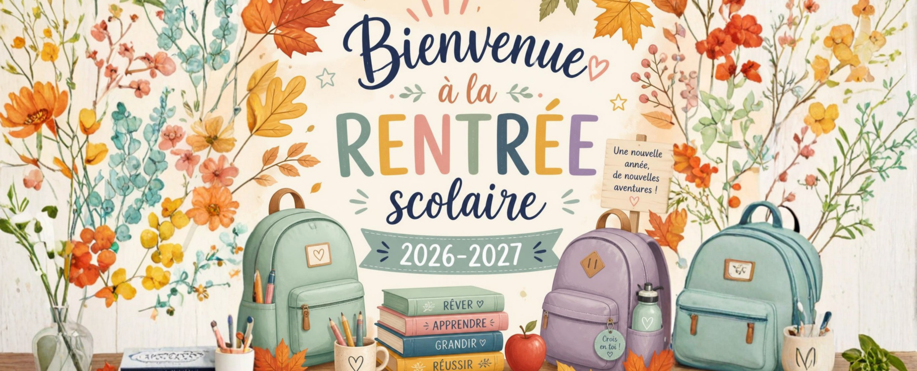Welcome to the new school year 2026-2027. with books, backpacks and fall folliage.
