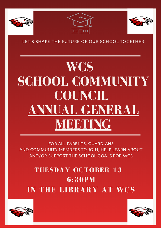 Red poster with white writing advertising the WCS SCC AGM on October 13 at 6:30pm