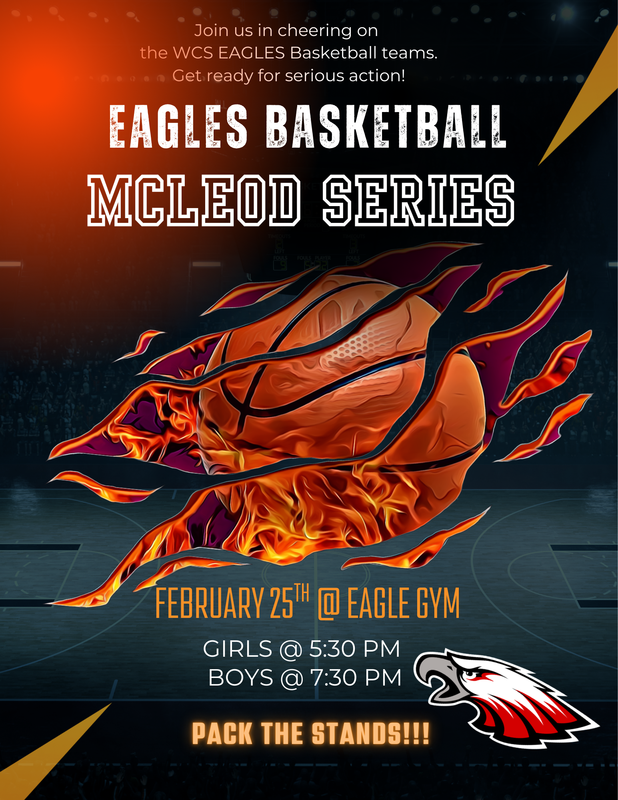 Dark background with a red light source in the top left. Centre is  a basketball with flames behind it. Information and details are listed above and below the basketball. Bottom right is a small Eagles logo.