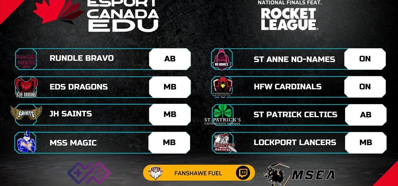 Esport Canada Teams. A listing of teams in Canada. Black background, Canadian Mapleleaf symbol on the left side of page.