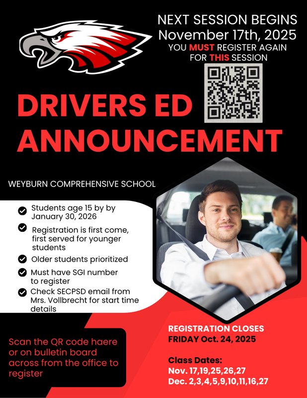 Red and black poster. Young man at the steering wheel of a car. An Eagle logo in the corner. Information listed.