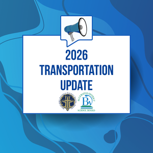 blue waves with a text box in front stating 2026 Transportation Update. Bluewater District School Board and Bruce-Grey Catholic logos