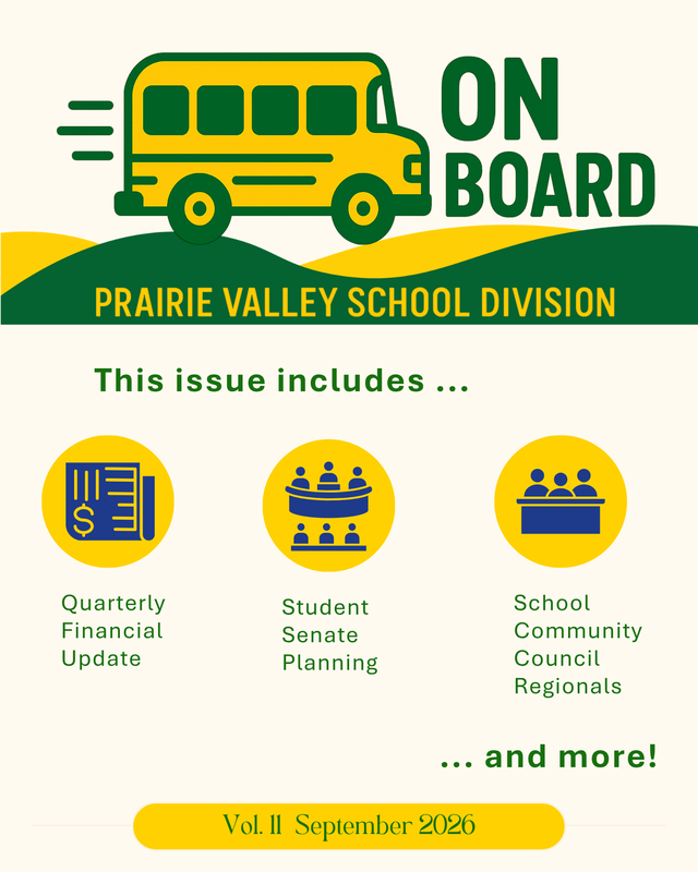 A graphic with a school bus and the Title 'On Board'. Text notes three items that are included in this month's newsletter are the Quarterly Financial Statement, Student Senate Planning, and School Community Council Regionals.