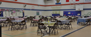 The gym set up and decorated for the Spring Tea
