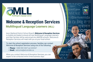 Graphic with AMDSB Multilingual Language Learner and AMDSB logos. Text: Phone: 1-800-592-5437 ext 600267. Email: welcome@ed.amdsb.ca. amdsb.ca/mll. Image of man holding child on his shoulders.