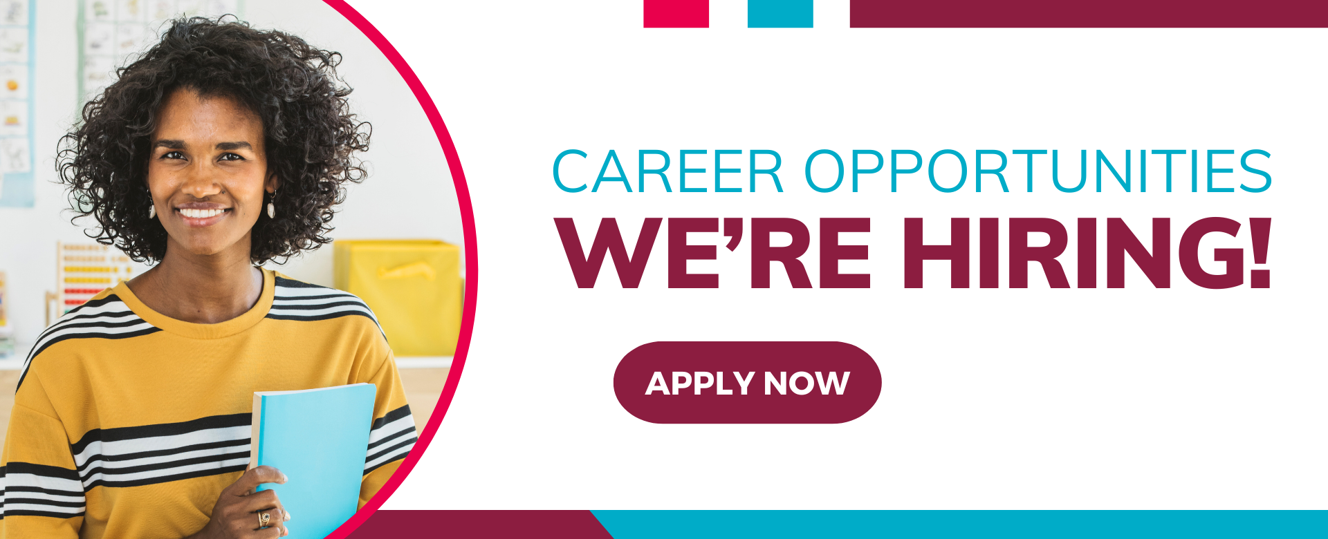 Banner for career opportunities. We're hiring. Click the link to visit the webpage for more information.