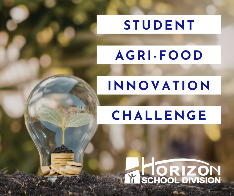 Image of a light bulb with a plant inside. Words: Student Agri-Food Innovation Challenge. Horizon logo.