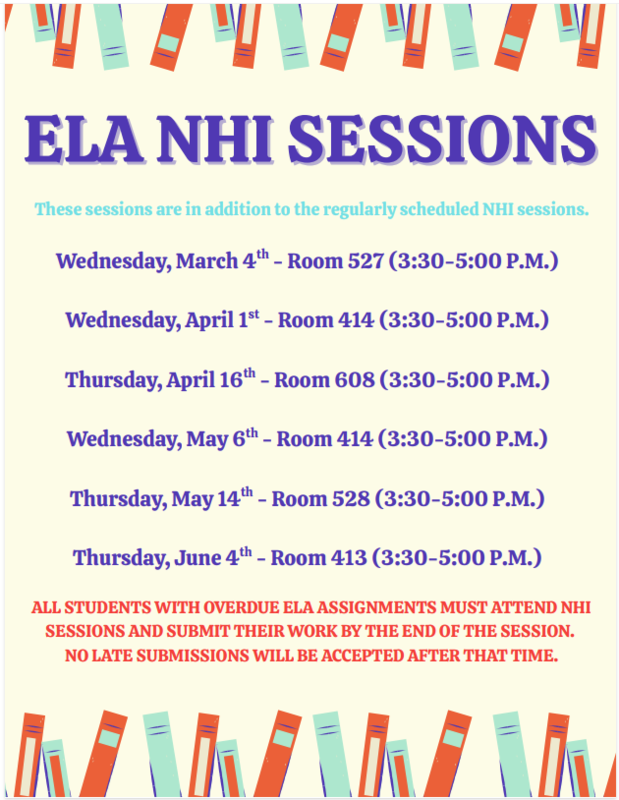 Light yellow backgrouns with rust and mint green books along the top and bottom of the page. Details and times are listed between them.