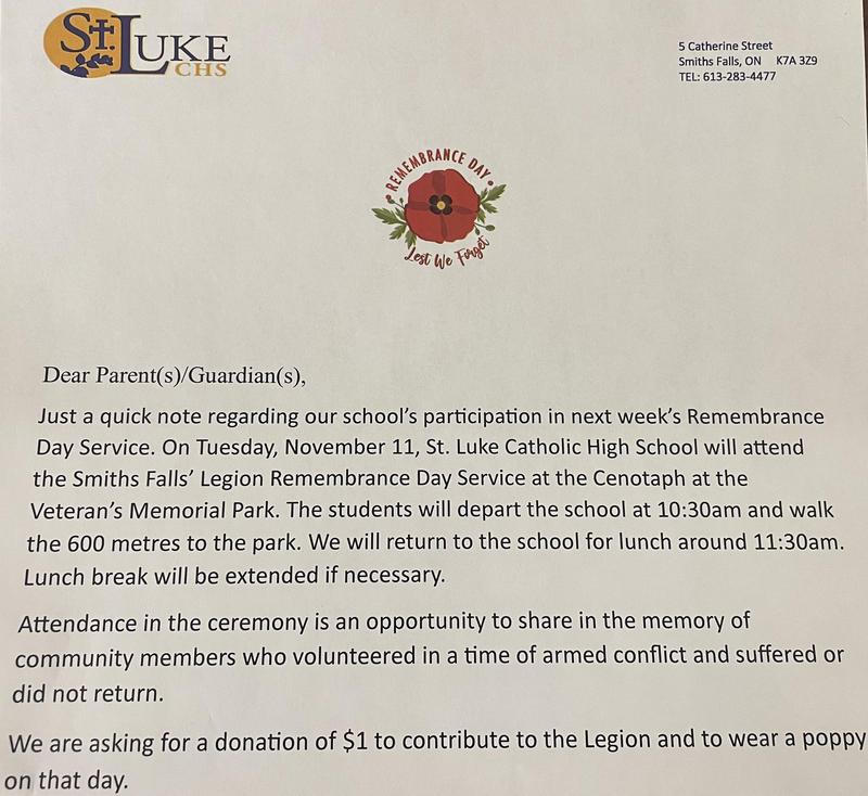 St. Luke to Celebrate Remembrance Day at Smiths Falls Cenotaph with Legion Service Featured Photo