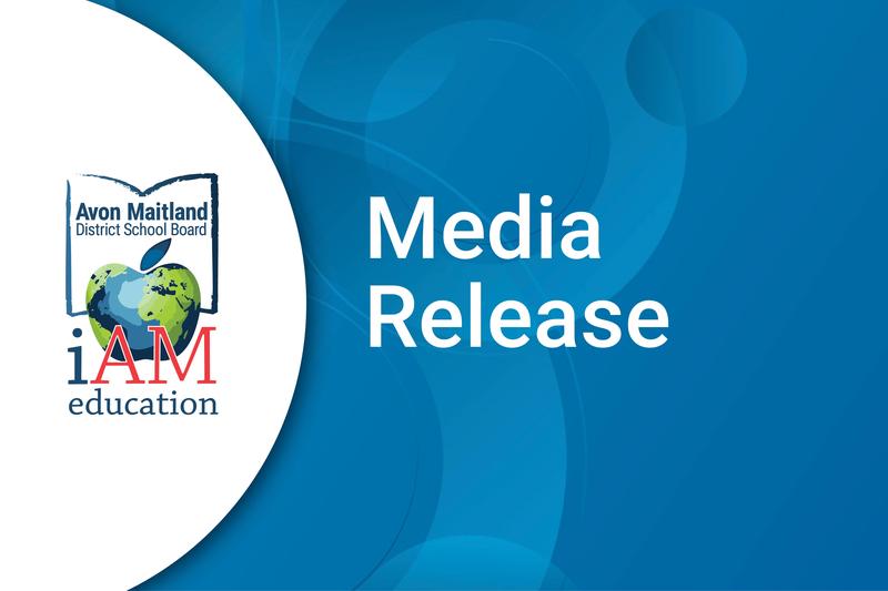 blue background with white text in the middle "Media Release". White half circle on the left with AMDSB logo