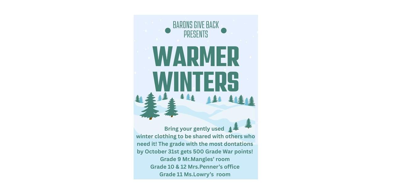 Event poster promoting a winter clothing drive with a snowy background and green trees.