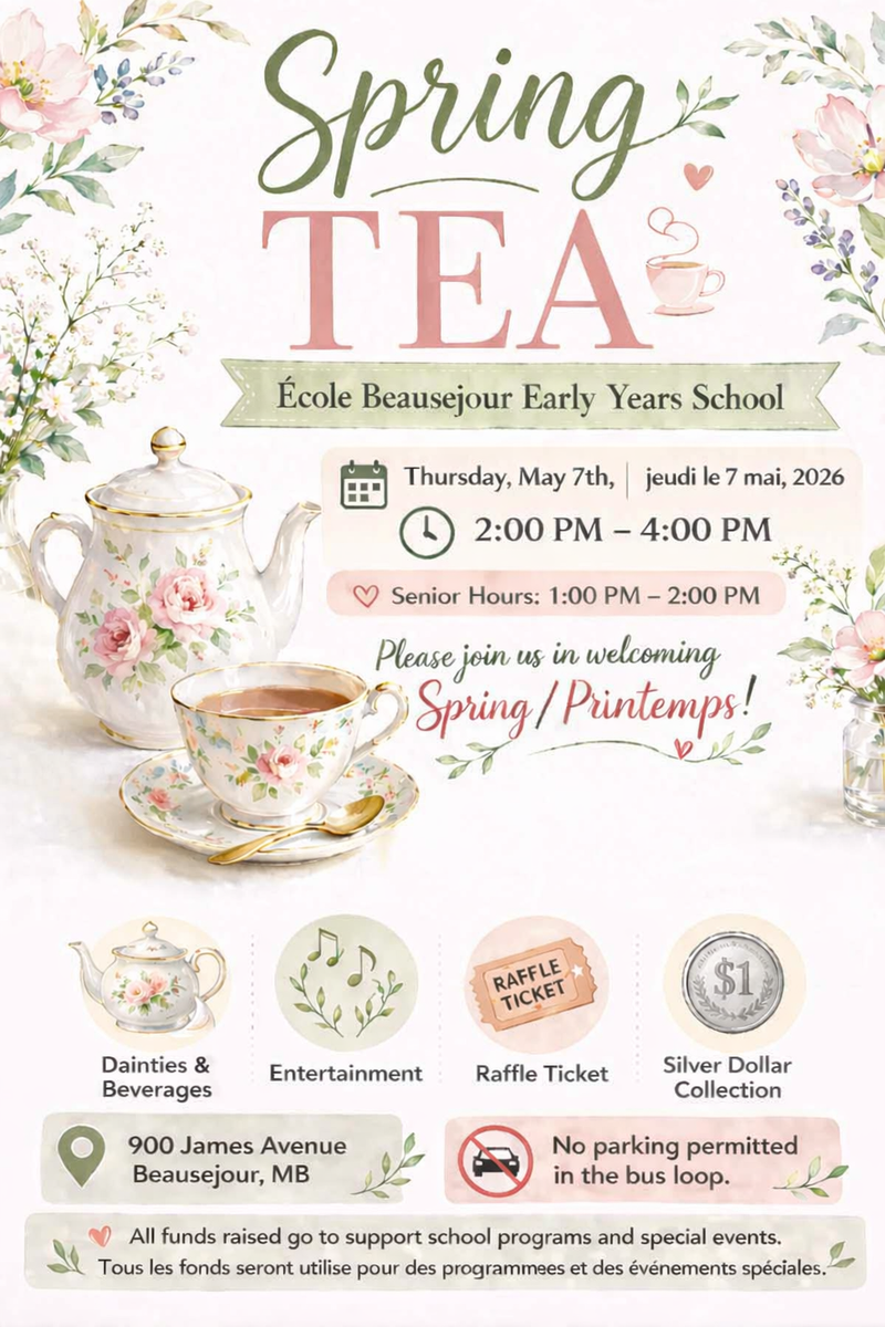 Spring Tea Thursday, May 7th 2-4 p.m. Seniors Hour 1-2.