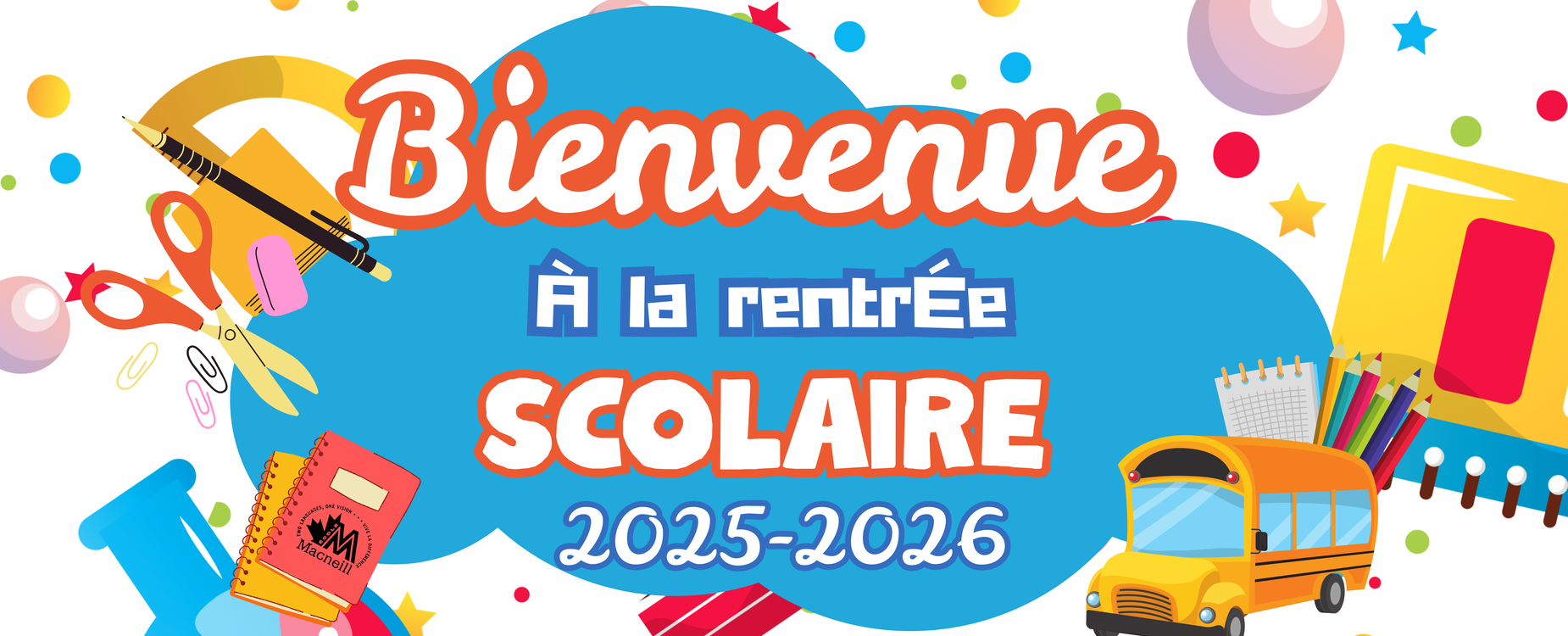 Welcome back to school 2025-2026 photo in french with school supplies.