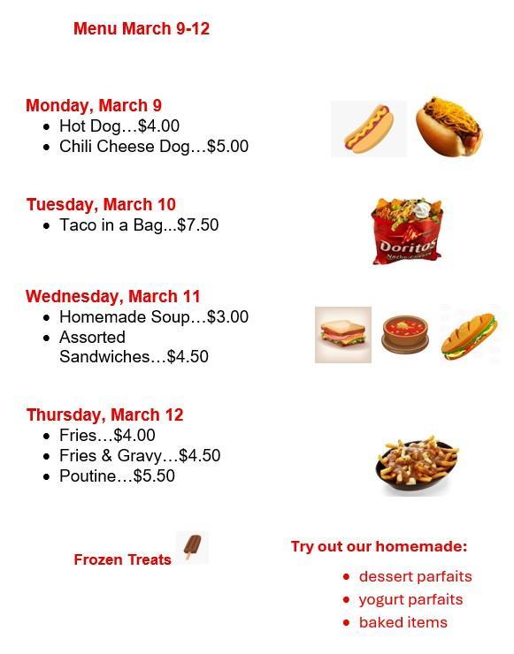 White background with title and dates in red down the left side. Menu items in black. On the left side are stock photos of the menu items. Bottom right is a list of homemade treat options.