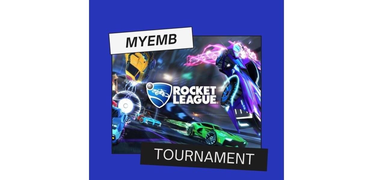 Blue, green, yellow cars on a screen with words reading Rocket League Tournament