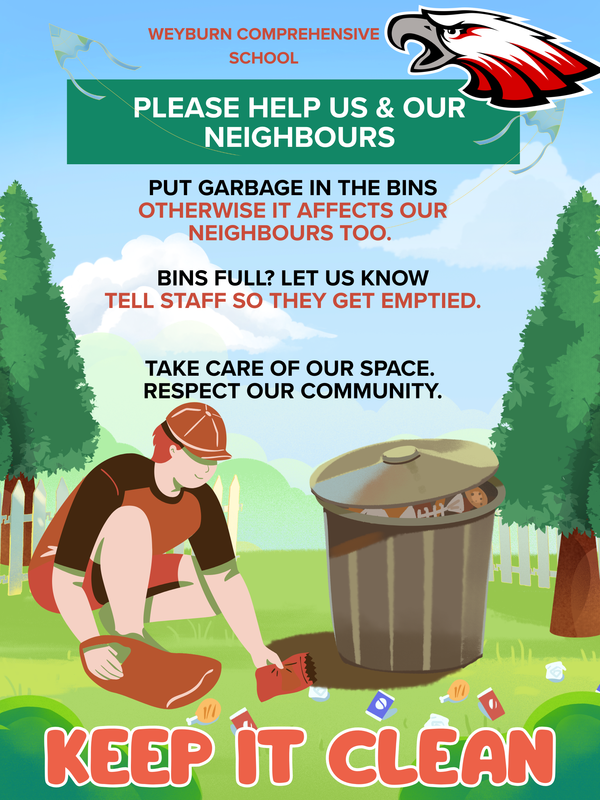 Cartoon of a teen make kneeling down to pick up trash to put in a garbage bin. The sky is a light blue with a few fluffy white clouds. There are green fir trees on either side of the picture.