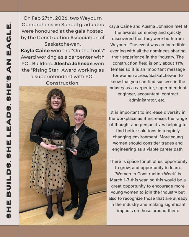 light beige background with a light brown edge along the top and bottom. Lower Left has a picture of two women standing with glass trophies. The woman on the left is taller with shoulder length curly brown hair, a big smile, black sheer top and nylons, with a beige skirt covered in black polka dots. She is wwearing pointed black heels. On her right is a shorter woman in a sharp black suit with a big grin. She has short brown hair off her face, glasses, and black leather flats.