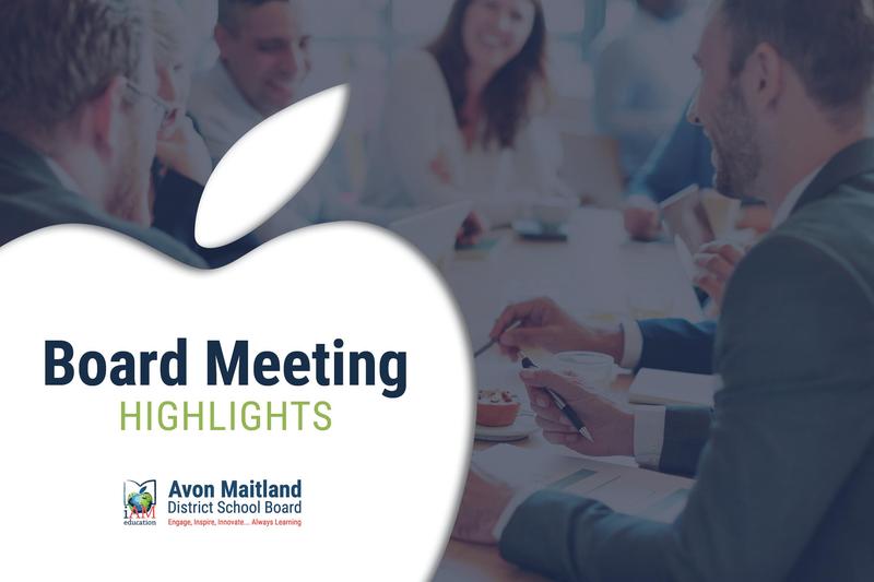 Background faded image of a meeting. White apple on the left with "Board Meeting Highlights" and AMDSB logo