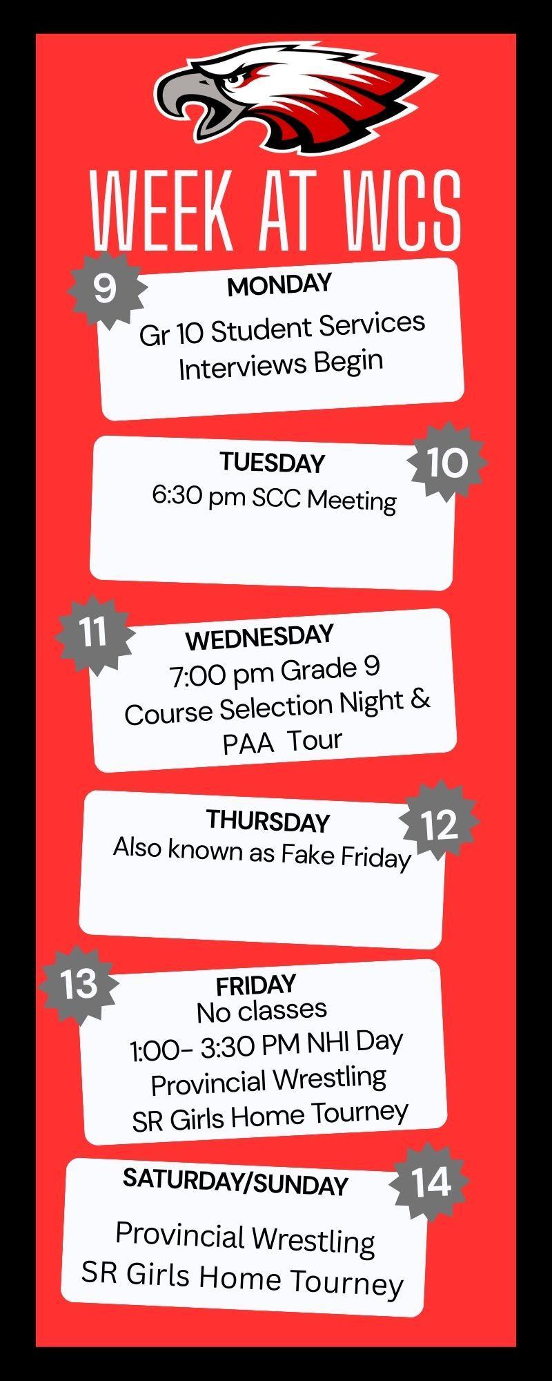 Red background with thick black border. Top centre is Eagles logo with title below it. Each weekday gets a white text box with details and a grey badge with the date in white. The weekend shares a white box at the bottom with a grey badge and date. Details for each day are listed in the corresponding box.