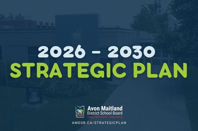 Faded background image of the AMDSB Education Centre with light blue text (2026-2030) and bright green text (Strategic Plan). AMDSB logo centered at the bottom above amdsb.ca/strategicplan