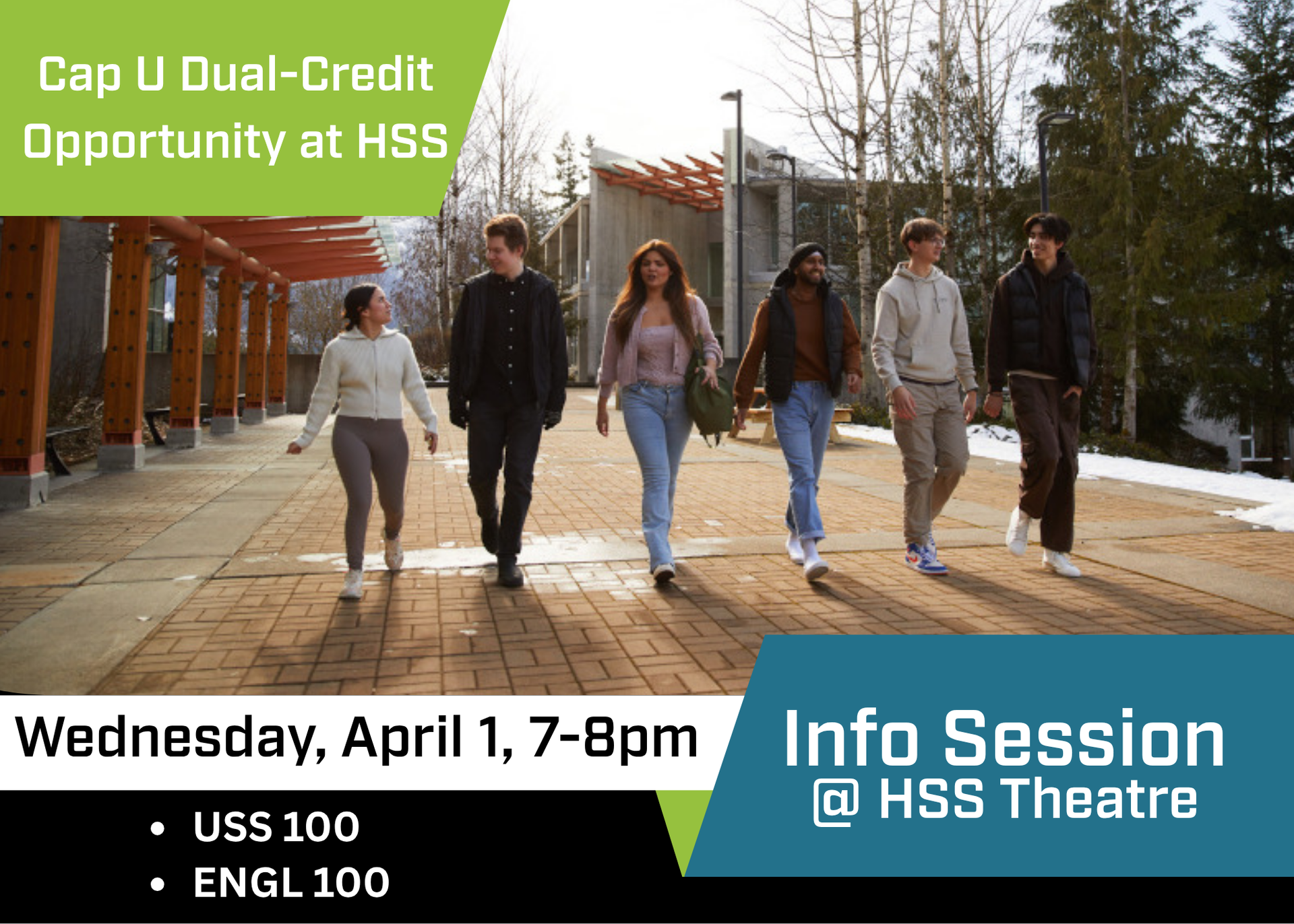 Postcard with details for info session - April 1, 2026 from 7-8pm, Eagle Eye Theatre