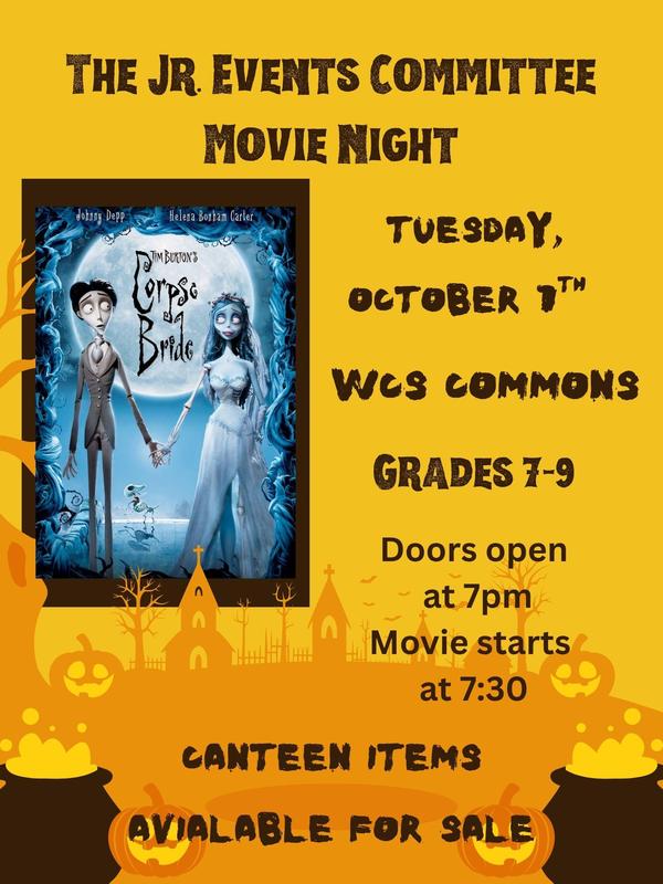 Yellow background with Corpse Bride picture and information listed