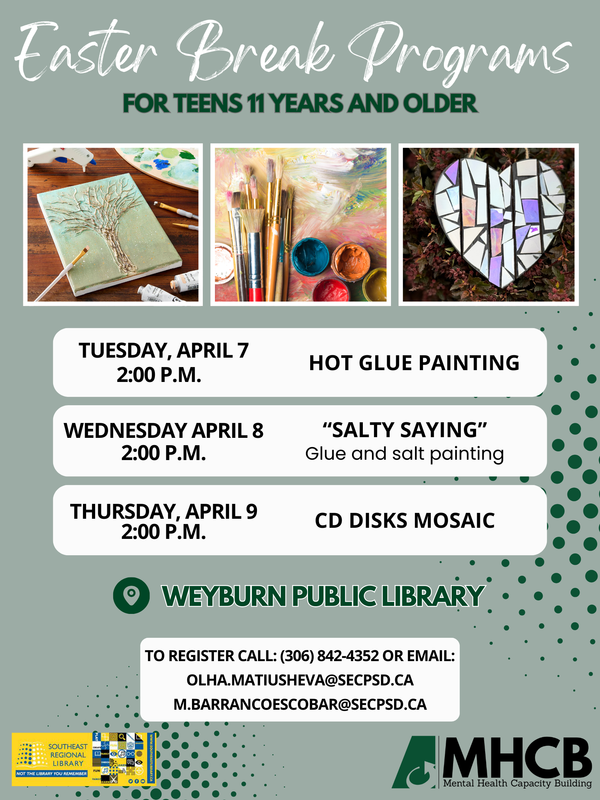 On a light green background, along the top are three pictures.  A tree painting, a salty saying, and then a CD mosaic in a heart. Below are white text boxes with details. Along the bottom is the library logo on the far left and SECPSD MHCB logo n the far right