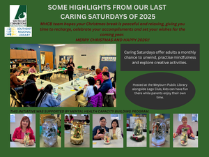 Green background. Top left has logos for South East Cornerstone and the Southeast Regional Library. Large middle left picture f instructor and adults working on projects. Bottom pictures left to right. Smiling woman in red with a lit up mason jar. 2nd is a close up of a mason jar with the inside decorated. Third shows a mason jar with a Christmas tree lit up inside. Then we have a man in blue shirt  holding a baby with thick black hair and white bow beside a woman in white. Their jar is lit up in front of them. Fifth is a mason jar with a pine tree inside, lit up with pine garland wrapped around the bottom with red berries. The picture beside is a close up of a mason jar with a pine tree lit up. Lastly, Smiling woman sitting behind her decorated and lit up mason jar