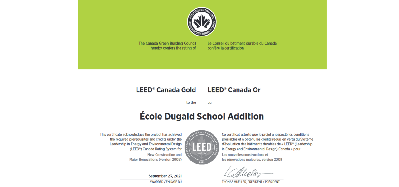 Leed certification for Ecole Dugald School