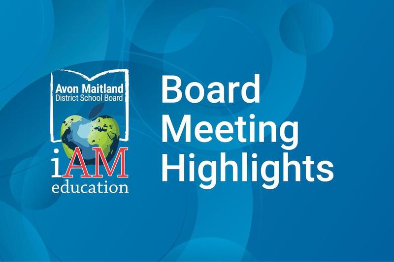 Blue background, white text: Board Meeting Highlights. AMDSB logo on the left