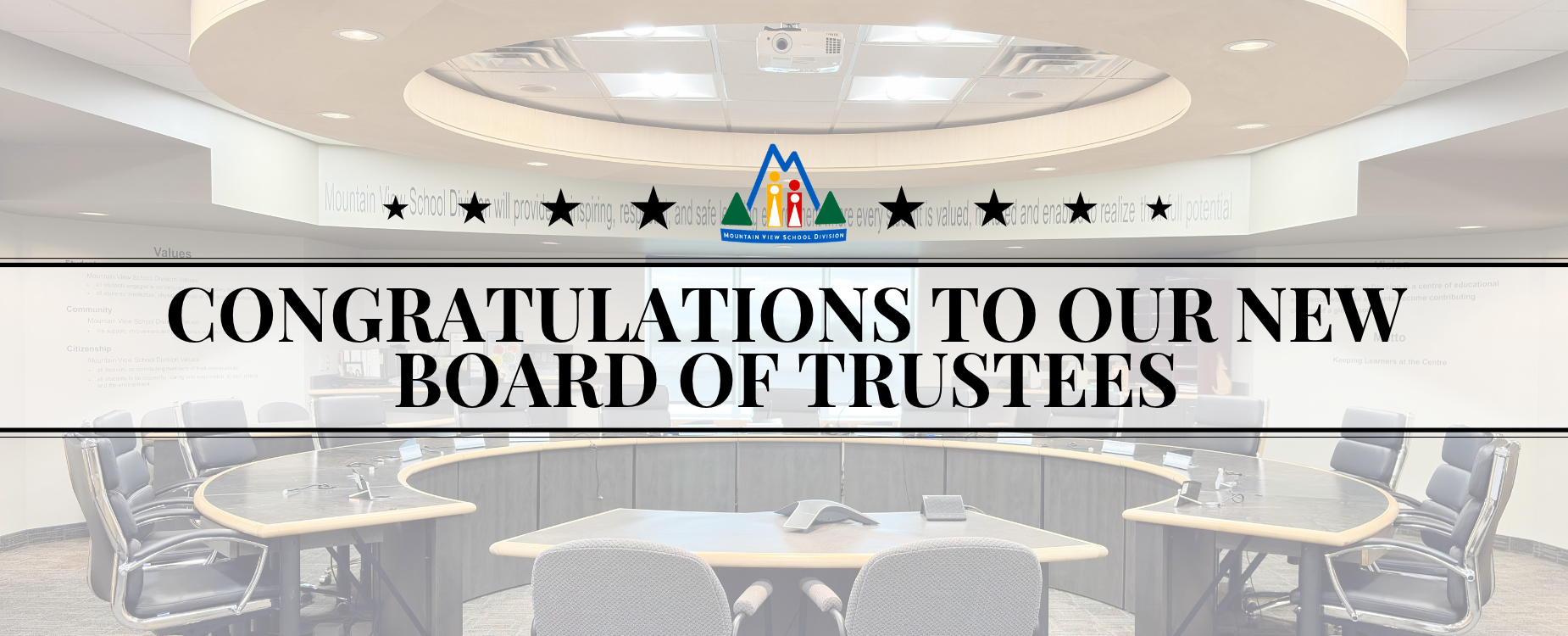 MVSD Board room with text "Congratulations to our new Board of Trustees".