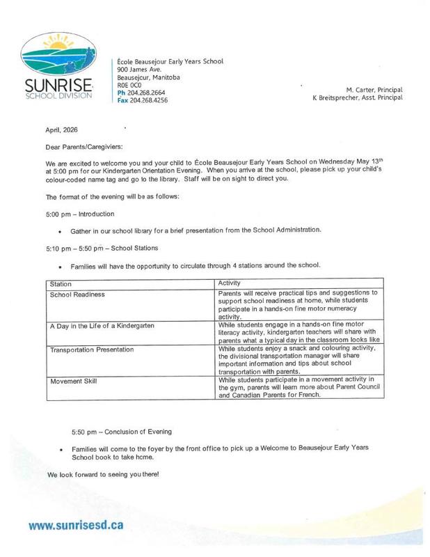 Kindergarten Orientation Letter