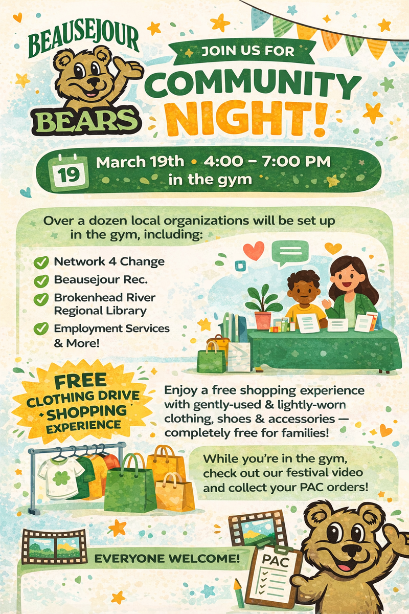 Come to the gym Thursday, March 19th from 4:00 to 7:00 p.m. for information on community organizations, free clothing, a Krispy Kreme fundraiser from PAC and to pick up your popcorn fundraiser orders.