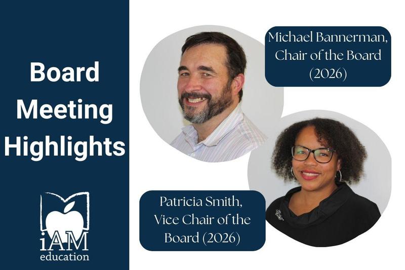 Graphic titled 'Board Meeting Highlights' with the Avon Maitland District School Board iAM education logo on the left. On the right, two labeled sections show names and roles: 'Michael Bannerman, Chair of the Board (2026)' and 'Patricia Smith, Vice Chair of the Board (2026).' Each name is placed near a circular photo placeholder.